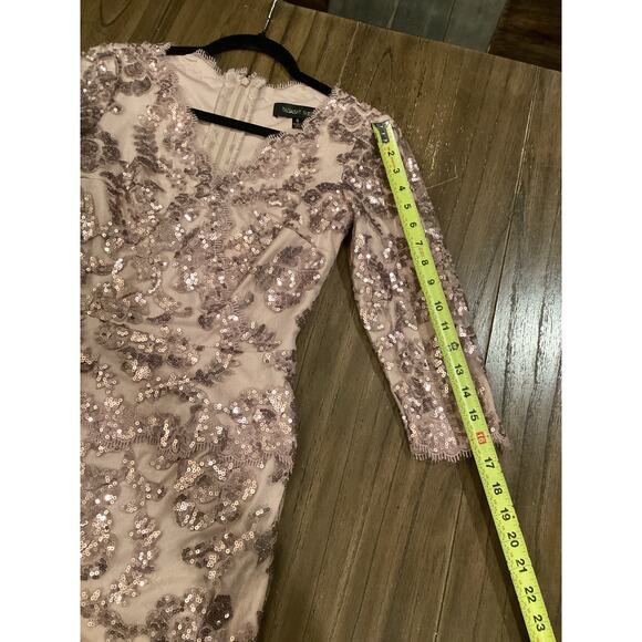 Tadashi Shoji Lace 3/4 Sleeve V-Neck Paillette Sequin Embroidered midi Dress - Picture 10 of 12